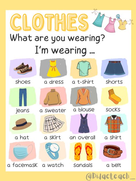 Clothes, vocabulary, English, material, teaching, classroom, digital, Colors, kids, elementary, school. Clothes In English Vocabulary, Clothes English Vocabulary, Vocabulary Clothes, Clothes Worksheet, Weather Activities Preschool, Clothes Words, English Clothes, English Conversation Learning, Learn Spanish Online