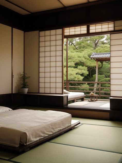 Embrace the serene and minimalist vibes of a traditional Japanese bedroom by incorporating elements such as a low platform bed, shoji screens, and a tatami mat flooring. Enhance the atmosphere with soft lighting from paper lanterns and add a touch of nature with bonsai plants or a small rock garden. Japanese Bedrooms, Small Rock Garden, Traditional Japanese Bedroom, Japanese Bedroom Ideas, Bedroom Ideas Cozy, Shoji Screens, Low Platform Bed, Japanese Bedroom, Tatami Mat