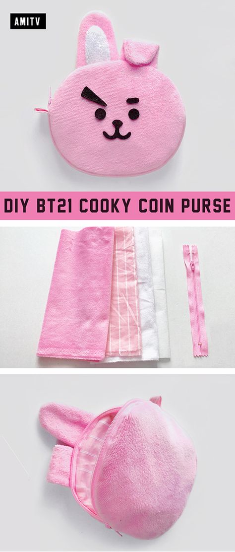 Amitv DIY BT21 Cooky Coin Purse | Sewing Gift Ideas | Heart Purse Bag Pattern & tutorial 🐰 BTS Jungkook 💜 Cute & Kawaii Kpop characters 💜 DIY &  #tutorial #sew #free #pattern #diy #ideas #sewing #sewingtutorial #BT21 #CoinPurse #BTS #Jungkook #Kpop #handmade #Amitv Bt21 Cooky And Jungkook, Sew Free Pattern, Bts Jungkook Cute, Bts Diy, Bt21 Cooky, Kawaii Diy Crafts, Diy Bts, Purse Sewing, Heart Purse