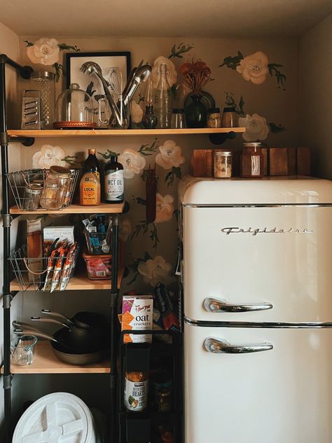 Old Fashioned Fridge, Vintage Fridge Aesthetic, Vintage Fridge In Kitchen, Painted Faux Wallpaper, Fridge In Pantry, Retro Fridge Kitchen, Space Above Fridge, Fridge In Kitchen, Casita Trailer