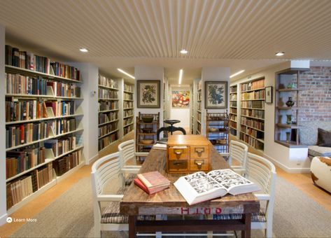 Basement Library, Brick Wall Living Room, Rec Rooms, Home Library Rooms, Basement Family Room, Library Wall, Brown Floors, Mid Century Living Room, Home Libraries