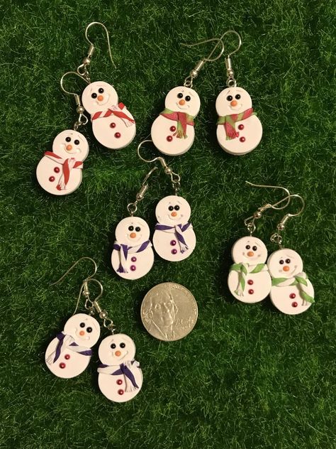 Polymer Clay Earrings or Necklace FUN Snowman Celebrating | Etsy Polymer Snowman, Bicycle Handmade, Brooches Ideas, Christmas Clay Earrings, Button Ornaments, Easy Christmas Ornaments, Winter And Christmas, Christmas Crafts For Kids To Make, Cheap Christmas Gifts