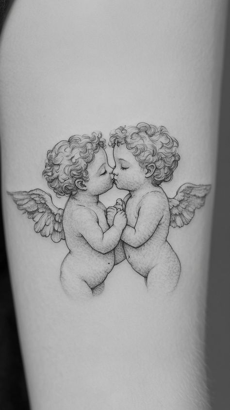 Inspired by this beautiful symphony that Twin Flames share, we collected 11 angel tattoo ideas for you and your love. These tattoo ideas are a beautiful symbol of the heights you and your beloved can achieve together when you join in divine love. Twin Angels Tattoo, Twin Symbol Tattoos, Soulmate Tattoos, Angel Tattoo Ideas, Twin Angels, Twin Flame Tattoo, Flame Test, Flame Tattoos, Couples Tattoo Designs