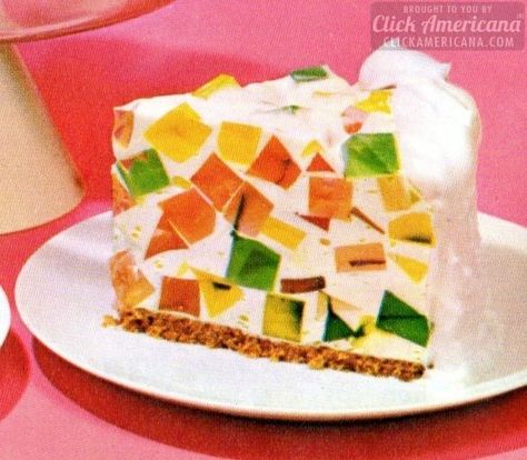 Jell-O Crown Jewel/Window Glass desserts (1960s) - Click Americana Graham Dessert, Jewel Cake, Retro Desserts, Jello Desserts, Jello Salad, Vintage Dessert, Popular Desserts, Jello Recipes, Glass Cake