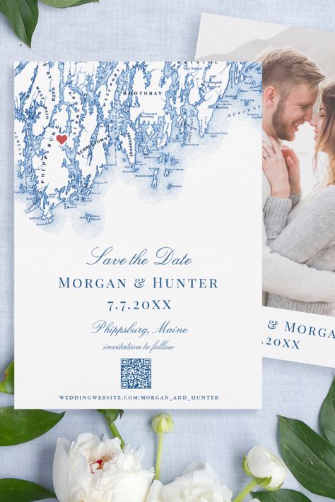 Phippsburg Maine Map Elegant QR code Save The Date with Map on the front and photo on the back by Coastal Map Designs Maine Wedding Invitations, Phippsburg Maine, Elegant Navy Wedding, Save The Date With Photo, Maine Map, Southern Coastal, Boothbay Harbor, Coastal Maine, Maine Wedding