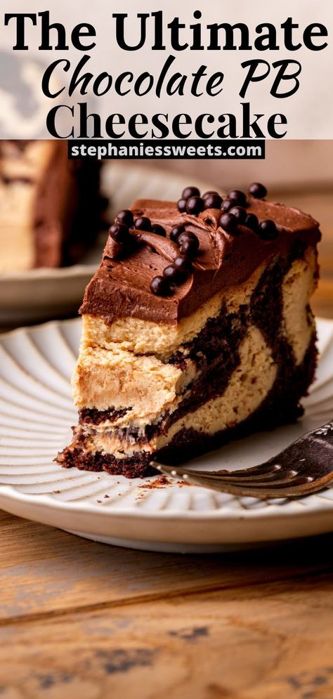 This chocolate peanut butter cheesecake combines peanut butter cheesecake with chocolate cake swirled together. It is an amazing combination of flavors and textures! Brownie Bottom Peanut Butter Cheesecake, Gourmet Cheesecake Recipes, Unique Cheesecake Flavors, Chocolate Peanut Butter Cheesecake Cake, New York Cheesecake Recipes, Dessert Recipes Cake, Gourmet Cheesecake, Peanut Butter Chocolate Cheesecake, Flavored Cheesecake