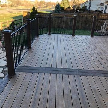 Wrap Around Deck Ideas Layout, Grey House Deck Colors, Two Tone Deck Color Ideas Composite, Composite Deck Colors For Gray House, Gray House With Deck, Blue Deck Ideas, Two Tone Composite Deck Ideas, Grey Stained Deck, Trex Deck Ideas Color Schemes Gray