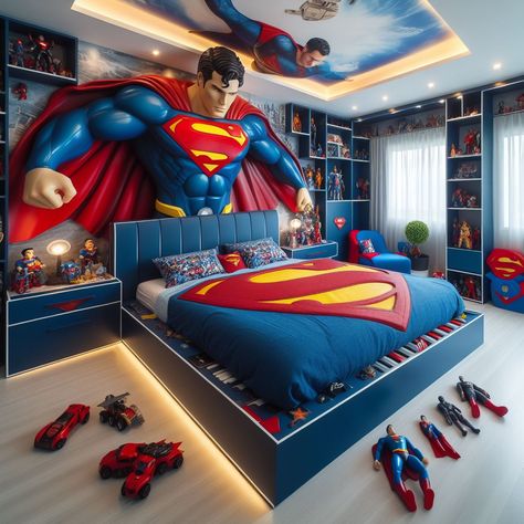 Bring Superman to bedroom 💤🛏️ Modern Kids Bedroom Boys Interior Design, Baby Boys Room Ideas, Boy Room Decor Ideas For Kids, Superhero Room Ideas, Superman Bed, Marvel Boys Bedroom, Spiderman Kids Room, Superman Bedroom, Superman Room