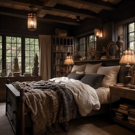 20 Dark Cozy Bedroom Ideas for a Romantic Ambiance - HearthandPetals Rustic Cozy Bedroom Aesthetic, Dark And Dramatic Bedroom, Dark Bedroom Walls Cozy, Rustic Dark Bedroom, Cabin Vibes Bedroom, Warm Guest Bedroom, Moody Rustic Bedroom, Warm Moody Bedroom, Dark Room Ideas Bedrooms