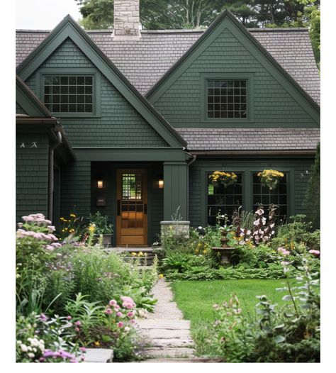 Dark Green Historic House Exterior, Green Mountain Home Exterior, Dark Green Houses Exterior, Popular Home Exterior Colors, Dark Green House Exterior, Green House Aesthetic, Black Trim Exterior House, Green Home Exterior, Green Exterior House Colors