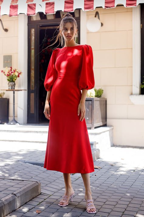 Midi Puff Sleeve Dress, Work Cocktail Party Outfit Classy, Red Midi Dress Outfit, Red Dress To Impress, Cocktail Party Outfit Classy, Red Puff Sleeve Dress, Red Dress Midi, Red Formal Dresses, Elegant Red Dress