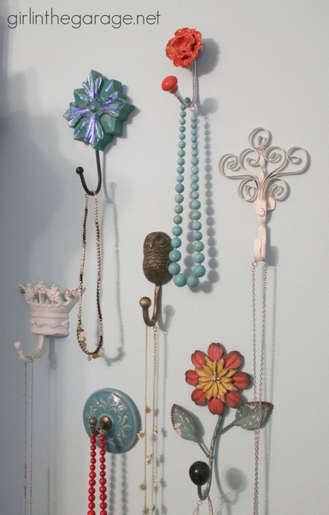 Decorative Wall Hooks as Jewelry Storage in the Bedroom I girlinthegarage.net Small Bedroom Organization, Jewerly Displays, Decorative Wall Hooks, In The Bedroom, The Bedroom, Organization Bedroom, Jewelry Storage, Functional Art, Girls Room Decor