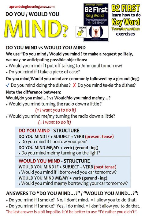 "Do You Mind...?"  "Would You Mind...?" Would You Mind Worksheet, Word Transformation, English Conversation Learning, English Sentence, English Collocations, Ielts Speaking, Study English Language, Grammar Tips, English Conversation