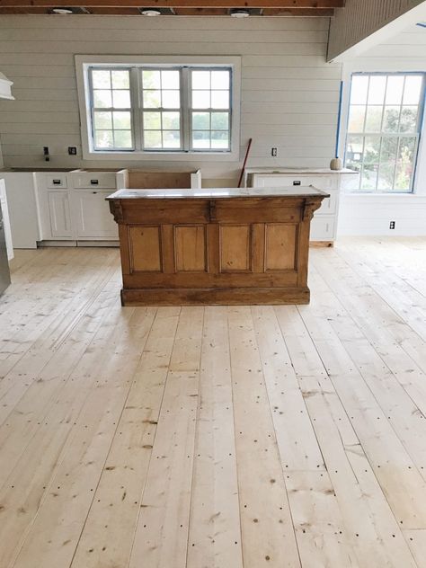 Reclaimed Wide Plank Wood Floors, Diy Pine Floors, Pine Floors Farmhouse, Raw Flooring, Concrete Kitchen Floors, Cali Flooring, Dream Scenario, Cape Kitchen, Plywood Plank Flooring