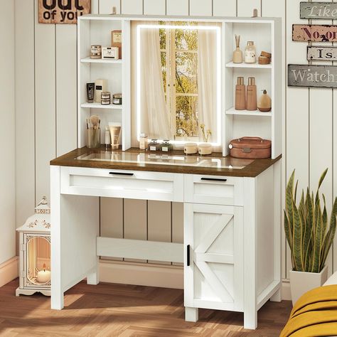 PRICES MAY VARY. ⭐【Farmhouse Vanity Desk with Glass Visible Tabletop】It’s said that you’ve been looking for a amazing makeup vanity? Well, USIKEY farmhouse vanity desk has been waiting for you. The retro wooden texture appearance, smooth lines, barn-door decor designe, combined with a glass visible desktop and two-tone aesthetic, create a warm and natural atmosphere of the farmhouse. Try our Farmhouse vanity set, add novelties and romance to your house and impress your visitors. ⭐【Makeup Vanity Farmhouse Makeup Vanity, Desk With Mirror And Lights, Farmhouse Bedroom Set, Vanity Desk With Mirror, Cabinet For Bedroom, Barn Door Decor, Desk With Mirror, Farmhouse Tabletop, Makeup Vanity Desk