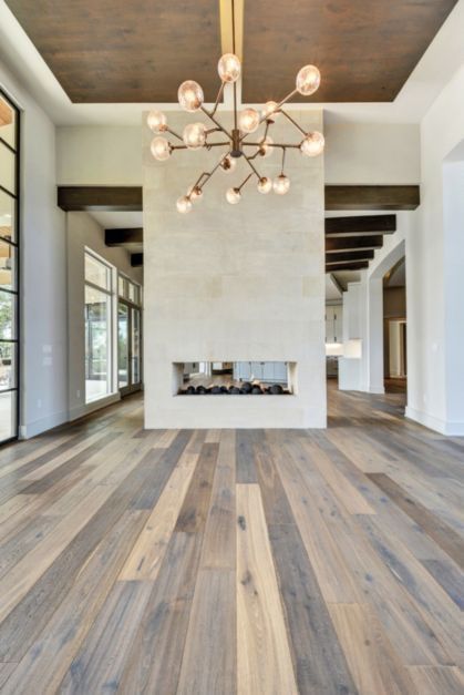 Fireplace Divider, Great Room Chandelier, Mid Century Modern Lighting, Wooden Floors, Home Fireplace, Contemporary Home Decor, Fireplace Design, Best Interior Design, Wood Flooring