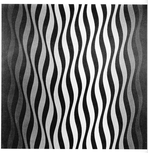 3) Rhythm — Flowing ; the design in this picture is simple and consists of a pattern of lines. However, these lines appear wavy and have a certain shape and structure to them, hence creating the illusion of the design moving. Due to that, this picture demonstrates the flowing rhythm principle. Principles Of Design Rhythm Drawing, Principles Of Design Movement, Rhythm In Design, Bridget Riley Op Art, Repetition Art, Rhythm Art, Bridget Riley, Elements And Principles, Optical Art