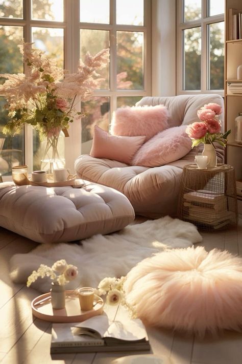 Feminine Living Room, Apt Decor, Feminine Bedroom, Zen Room, Bedroom Corner, House Aesthetic, Cozy Room Decor, Spare Bedroom, Pink Room