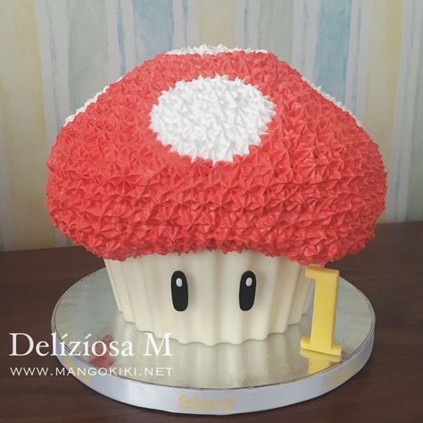 Super Mushroom🍄 Giant Cupcake Large Cupcake Cakes, Mushroom Cake, Giant Cupcake Cakes, 13 Birthday Cake, Mario Cake, Large Cupcake, Super Mario Birthday Party, Giant Cupcake, Princess Cupcakes