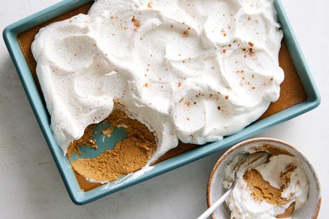 Butterscotch pudding gets an autumnal makeover with the addition of pumpkin purée and a fluffy, spiced whipped cream topping To make this dish supremely festive, it’s baked in one large dish instead of individual custard cups And because it needs to be prepared almost entirely in advance, it’s a perfect dinner party dessert Butterscotch Custard, Peach Pie Bars, Pumpkin Butterscotch, Spiced Whipped Cream, Whipped Cream Recipe, Perfect Dinner Party, Dinner Party Desserts, Raspberry Pie, Butterscotch Pudding