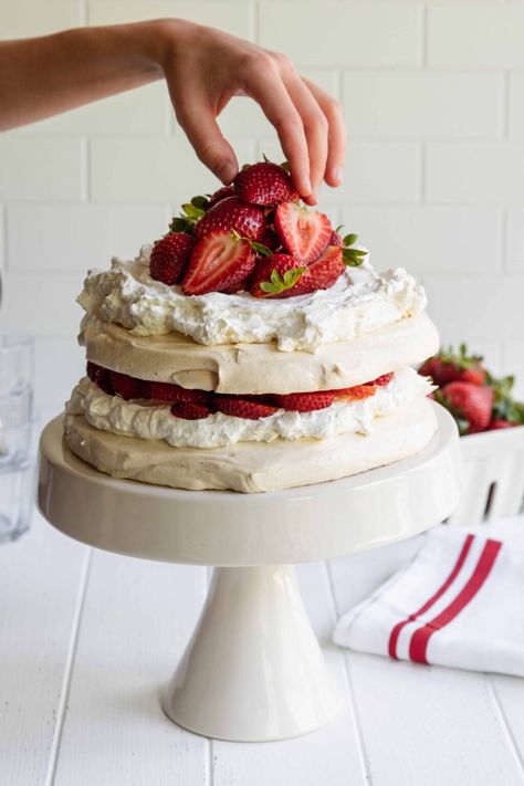 This Vegan Pavlova is one for the books, beautiful, unique, and so delicious. Serve with a generous amount of whipped topping and fresh strawberries for a perfect summer dessert! #vegan #cake #plantbased #pavlova Dairy Free Pavlova Recipe, Sugar Free Pavlova Recipe, Vegan Pavlova Recipe, Summer Pavlova Recipe, Pavlova Base Recipe, Vegan Pavlova, Books Beautiful, Pavlova Cake, Dessert Vegan