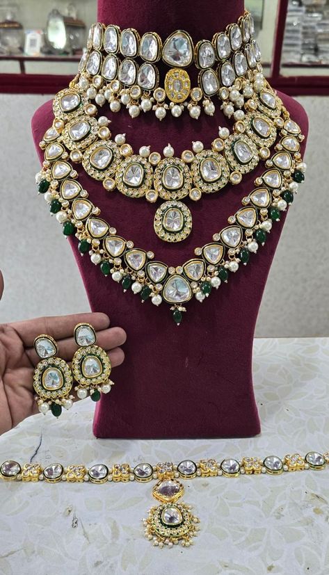 Heavy Bridal Kundan 3 Bridal Sets with Long Jhumki & Mathapatti / Sabyasachi designer Wedding Combo kundan sets/Jadau Kundan Wedding Jewelry Sabyasachi Designer, Dark Green Velvet Dress, Regal Wedding, Jadau Jewellery, Mang Tikka, Fashion Empire, Indian Wedding Jewelry Sets, Kundan Jewellery Set, Bridal Choker