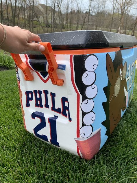 Sixers jersey painted cooler #philly Frat Cooler Side Ideas, Tke Cooler Ideas, Wolf Of Wall Street Frat Cooler, Painted Frat Cooler Ideas, Frat Cooler Sides, Chicago Frat Cooler, Frat Coolers Ideas Fraternity, Phi Delt Cooler, Frat Cooler Painting Ideas