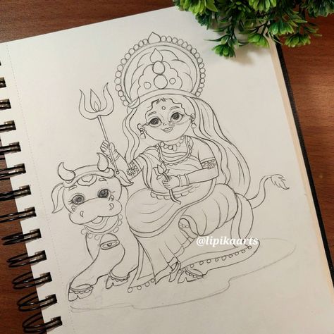 Shailputri Maa Drawing Easy, Shailaputri Maa Drawing, Shailaputri Devi Drawing, Shailputri Maa Drawing, Maa Shailputri Drawing, Mata Ji Drawing, Durga Ji Drawing, Navaratri Drawings, Navratri Drawing Ideas