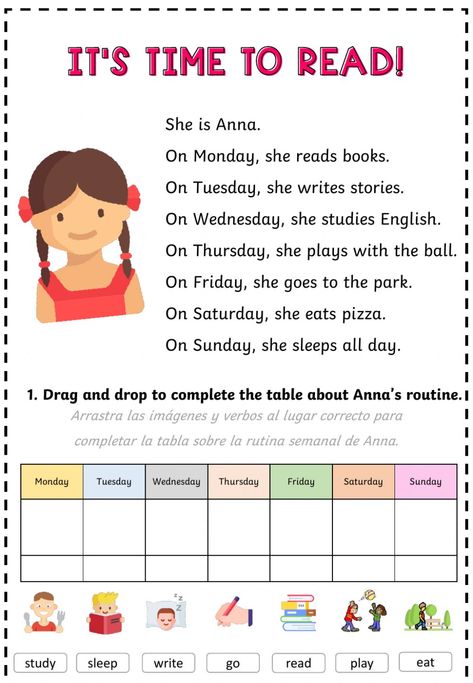 Daily routines interactive and downloadable worksheet. You can do the exercises online or download the worksheet as pdf. Easy Reading Worksheets, Reading Exercises For Grade 1, Daily Routine Pictures For Kids, Reading For Kids Worksheets, Daily Routine Worksheet For Kids, Reading Ideas For Kids, Easy Reading For Kids, Reading Worksheets For Kids, Daily Routine Exercise