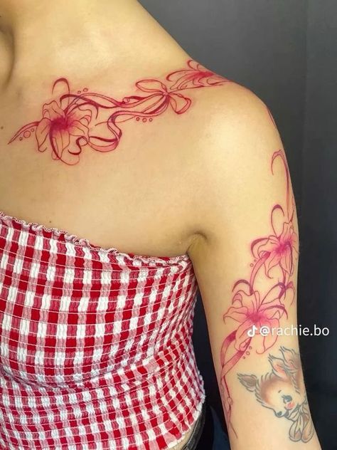 Arm To Shoulder Tattoo, Red Shoulder Tattoo, Pink Ink Tattoo, Art Shading, Kiss Tattoo, Kiss Tattoos, Purple Tattoos, Pink Tattoo, Pretty Hand Tattoos