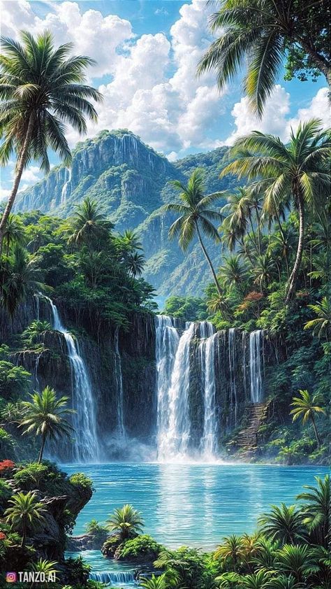 Rainforest Pictures, Beautiful Paintings Of Nature, Waterfall Wallpaper, Waterfall Pictures, Waterfall Paintings, Best Nature Wallpapers, Beautiful Ocean Pictures, Beautiful Landscape Wallpaper, Beautiful Waterfalls