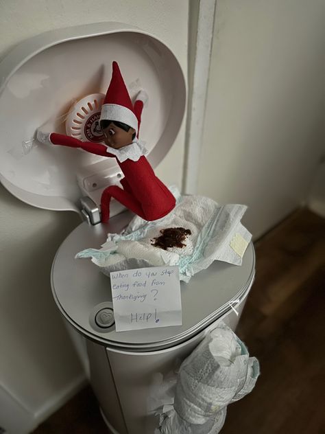 Elf on the shelf for babies, infants, toddlers. Diaper genie, dirty diaper Dirty Elf On The Shelf, Elf Ideas, On The Shelf, Infants, Elf On The Shelf, Elf, Shelves, Holidays, Christmas