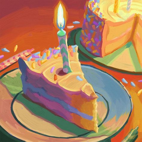 A colorful digital painting including a piece of cake on a plate with a lit candle on top, the rest of the birthday cake in the background and two candles with sprinkles scattered around. Cake Digital Art, Birthday Painting, Painting Birthday, Food Artists, Food Illustration Art, Food Painting, Gouache Art, Poses References, Art Inspiration Painting