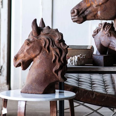 <p>Our <strong>Rustic Farmhouse Horse Head Tabletop Decor </strong>is sure to add dimension and personality to any room. This unique piece of equestrian decor is constructed from cast iron and features a chemical wash that gives it a naturally rusted look. Check out our coordinating styles to complete your set for display variation too!</p> Farmhouse Office Decor, Chandelier Fan, Equestrian Decor, Barn Decor, Horse Decor, Tabletop Decor, Antique Farmhouse, Horse Head, Antique Mirror