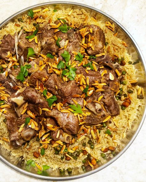 Ouzi (Spiced rice with lamb) - Fufu's Kitchen Arabic Lamb And Rice, Lamb With Rice Recipe, Lamb And Rice Middle Eastern, Lebanese Lamb Rice, Dishes For Ramadan, Ouzi Recipe Arabic Food, Meat With Rice Recipes, Halal Lamb And Rice Recipe, Lamb Rice Recipes