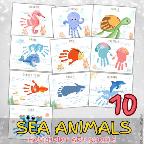 Explore the wonders of the ocean with our Sea Animals Handprint Art Bundle! Ideal for classrooms, nurseries, and summer activities, this bundle brings sea creatures to life through kids' handprints. Create memorable DIY cards and keepsakes that capture the magic of underwater adventures. 🌊🎨 #HandprintArt #SeaAnimalsCraft #SummerFun #DIYKeepsake Handprint Fish Art, Hand Print Sea Animals, Handprint Sea Animals, Handprint Ocean Animals, Child Handprint Art, Pictures Of Sea Creatures, Animale Marine, Fish Handprint, Sea Animal Crafts