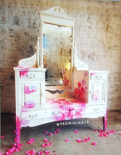 **Please Read Before Purchase** This stunning 19th century Palmer and Co. of London Victorian style vanity has been painted and decoupaged using custom papers of my own original artwork titled "Petals" 74"H to top of mirror 20.5" Deep 34" high to vanity top 48.25" Wide Despite its age the drawers are all working in perfect condition with original hardware. Both side doors are also in great condition and open and close smoothly. Right side door still bears the Original Palmer & Co. Label. Origina Antique Vanity Set, Vanity Tables, Classy Furniture, Mirror Makeover, Painted Vanity, Side Doors, Furniture Painting Techniques, Antique Vanity, Flower Wall Backdrop