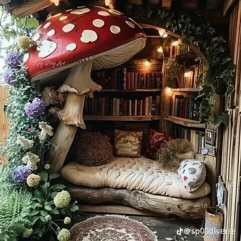 Mushroom Reading Nook, Cottagecore Furniture Ideas, Whimsical Room Ideas, Mushroom House Interior, Mushroom Bookshelf, Mushroom Room Aesthetic, Cottage Core Furniture, Mushroom Aesthetic Room, Extra Room Ideas Creative