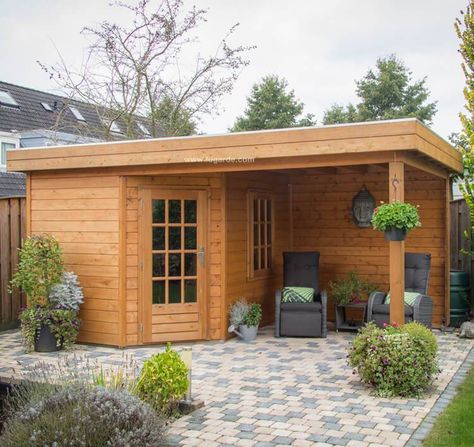 Summerhouse P5L - Customization possible | Lugarde Canopy Corner, Corner Sheds, Bungalow Ideas, Garden Escape, Office Shed, Corner Door, Garden Cabins, Summer House Garden, Kitchen Design Pictures