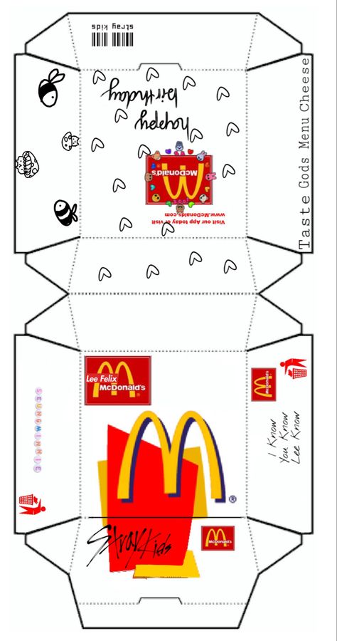 Mcdonalds Box Template, Paper Mcdonalds, Printable Paper Toys Templates, Happy Meal Box, Paper Toy Printable, Cardboard Crafts Diy, Paper Toys Template, Food Advertising, Doll Food