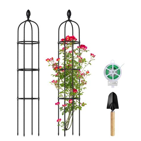 PRICES MAY VARY. Package Contains: 2 Pack 57” Tall Garden Obelisk Trellis with 3 adjustable durable plastic support rings, come with extra 1 plant ties and 1 trowel garden tool for climbing Plants. Durable Material: These garden trellis are made of rustproof metal pipe with heavy duty plastic coated, which is sturdy and friendly for plants. Size: 57" Tall x 10.6" Wide has enough growth space to support the type of plant you want to grow. Perfect size for your roses and other climbing plants. Eas Tower Trellis, Climbing Plants Outdoor, Garden Tower, Obelisk Trellis, Trellis Garden, Cucumber Trellis, Plant Trellis, Plant Ties, Climbing Flowers