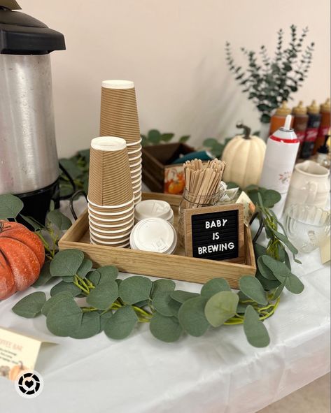 Easy Coffee Bar Ideas, Baby Biscuit Bar, Iced Coffee Bar Baby Shower Ideas, Brewing Baby Shower Ideas Coffee, Brunch Bar Baby Shower Ideas, A Baby Is Brewing Baby Shower Ideas Tea, Baby Brunch Decor, Party Coffee Bar Ideas, Brunch Baby Shower Ideas Food