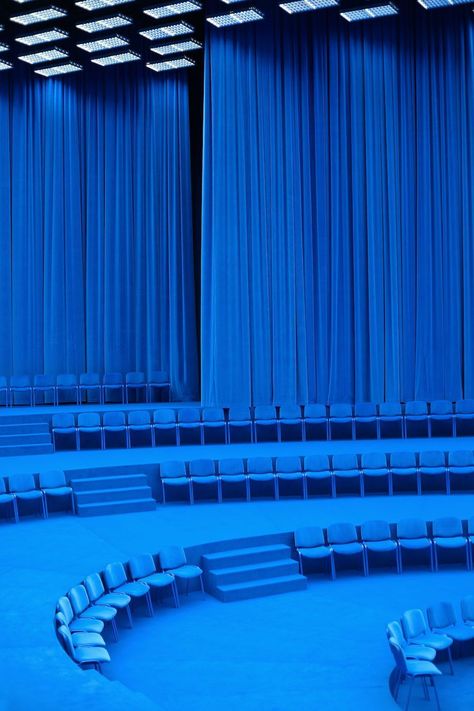 balenicaga set design, balenciaga, scenic design, auditorium, stage, theater, audience, indoors, movie, opera, theatre, league, empty, business, seat Josef Albers, Theatre Design, Stage Set, Scenic Design, Brutalism, Retro Futurism, Stage Design, Blue Aesthetic, Set Design