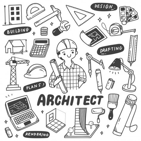 Set of architect equipment doodles | Premium Vector #Freepik #vector Architect Doodle Art, Architecture Doodle Art, Architect Doodle, Construction Doodles, Architect Stickers, Architecture Doodle, Construction Stickers, Architect Illustration, Doodle Art Ideas