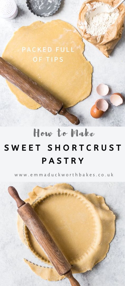 The ultimate Guide on How to Make Sweet Shortcrust Pastry. With visual step by step images and detailed instructions so that you can follow along and learn exactly how to make this pastry by hand. This guide is packed full of all the hints and tips that you need. By Emma Duckworth Bakes #shortcrustpastry #sweetshortcrustpastry #howtoguide #baking #pies #tarts #dough Short Pastry Crust, How To Make Pastry Dough Step By Step, Sweet Shortcrust Pastry Recipes Desserts, Types Of Pastry Dough, Types Of Dough, Sweet Pastry Dough, How To Make Pastry Dough, Short Dough Recipe, Dirty Dessert