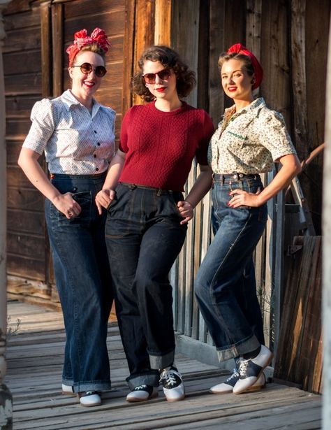 Three working Rosie's outfit ideas by Royal Vintage Shoes- Love the saddle shoes for Rosie costumes 50s Outfit Inspiration, Outfit 50s Mujer, Rockabilly Girl Outfit, 1950s Outfit Ideas, 40s Costume, Fifties Outfits, Rosie The Riveter Costume, 50s Outfit, 1940s Party