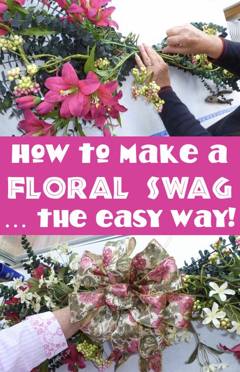 Floral Swag Flower Swags Diy How To Make, How To Make A Floral Swag For A Wedding, Diy Floral Swag For Wedding Sign, Spring Swag Wreath, Sunflower Swag Diy, How To Make Swags, How To Make A Christmas Swag Tutorials, How To Make A Pampas Grass Swag, Diy Flower Swag