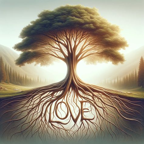 Visualize a majestic tree with deep, sprawling roots, symbolizing strength and stability. The tree stands tall against a serene background, with its branches reaching upwards and outwards, representing growth and expansion. The roots are visibly entwined with the word 'LOVE' in bold, elegant script, illustrating that love is the foundation of this tree's strength. The surrounding landscape is... Verses About Growth, Bible Verses About Growth, Tree Roots Art, Flower With Roots, Serene Background, Rooted In Love, Life Insurance Marketing, Tree Of Love, Majestic Tree