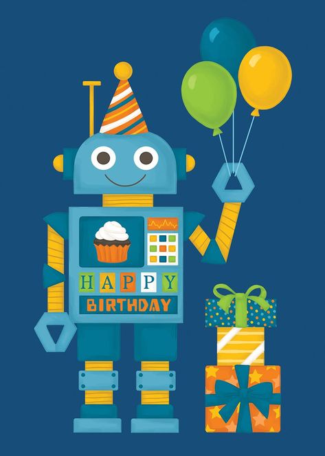 Robot Card, Robot Birthday Party Ideas, Happy B Day Cards, Robot Decorations, Happy Birthday Theme, Robot Birthday Party, Robot Theme, Robot Party, Piñata Ideas