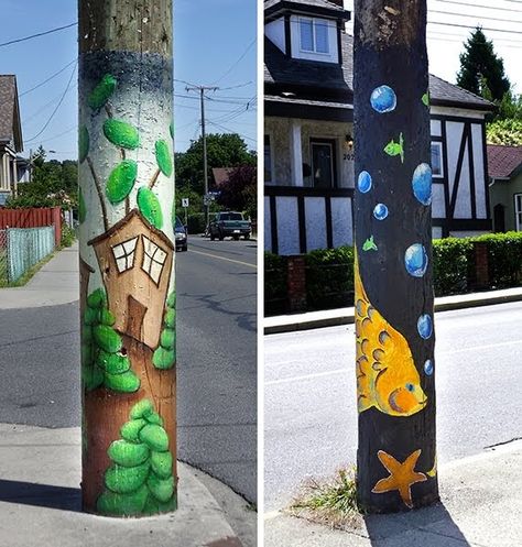 Telephone poles in the Victoria area are often painted by volunteers and children with decorative images as a way to discourage graffiti. Th... Pole Painting, Peace Poles, Peace Pole, Garden Totem, Structured Cabling, Art Pole, Painted Post, Garden Totems, Garden Poles